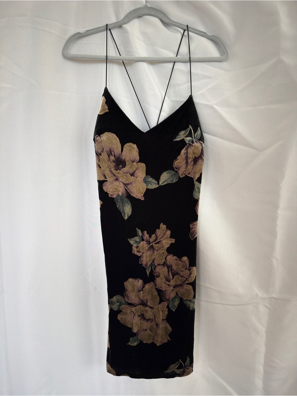 NWT William B Black Velvet Floral Bodycon Midi Dress L Crisscross Back